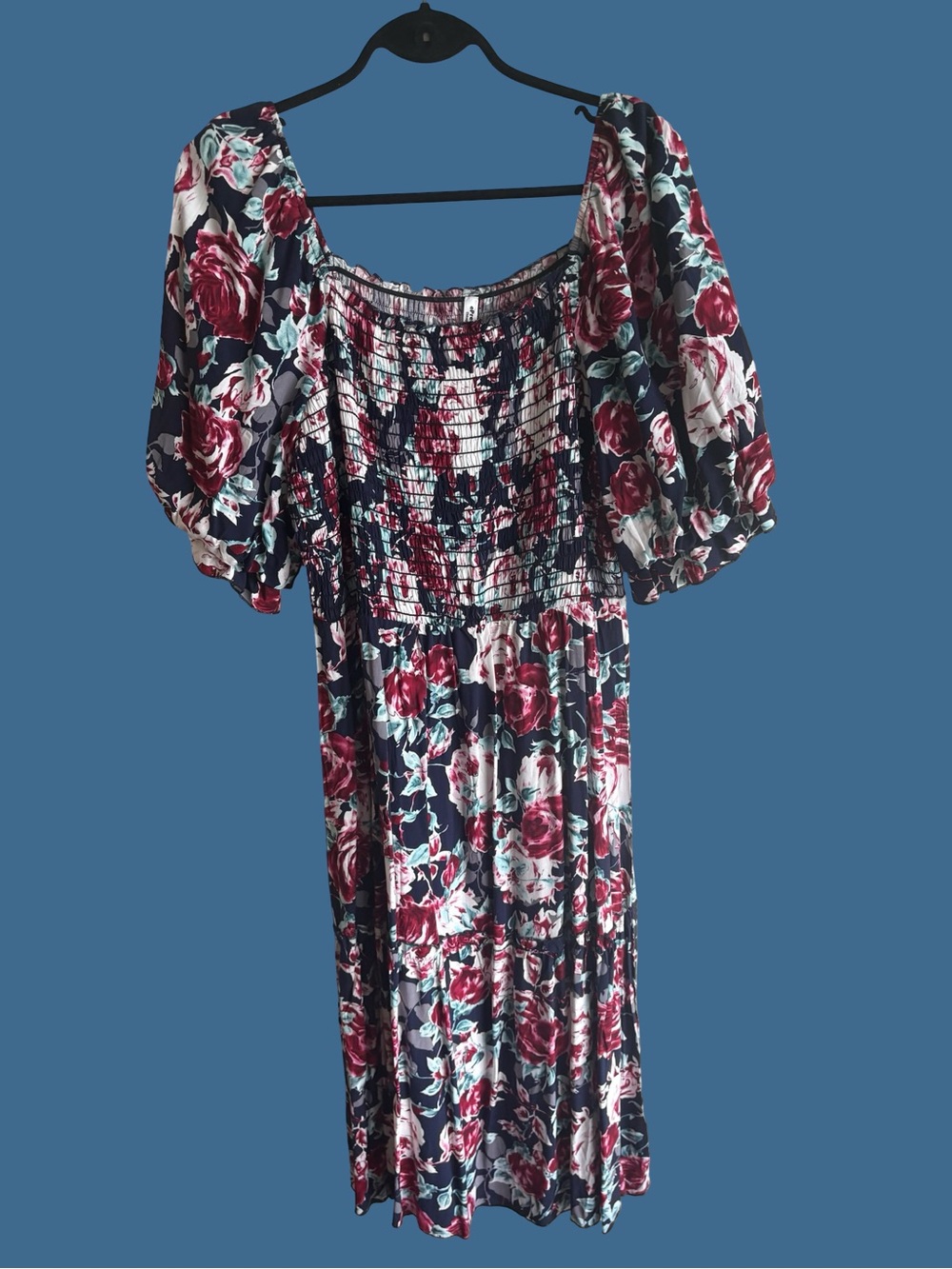 ePretty Off-Shoulder Floral Midi Dress in Navy and Burgundy
